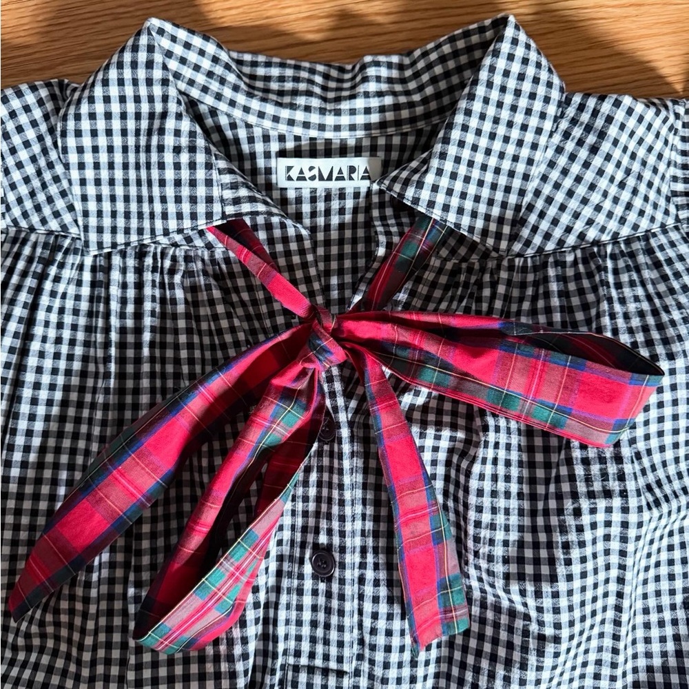 Black & White Gingham Long-Sleeve Dress with Red Plaid Bow
